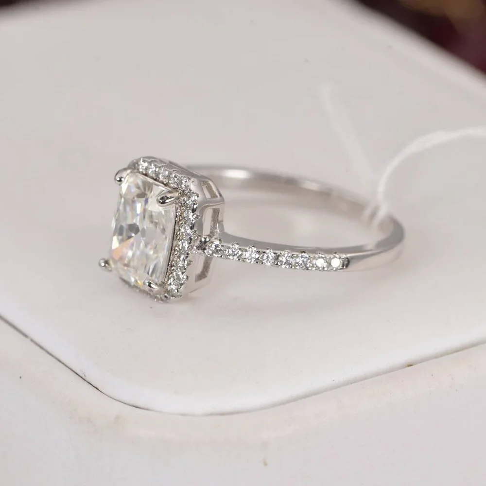 Certified 2.0 ct Halo Radiant Cut Moissanite Engagement Ring 925 Sterling